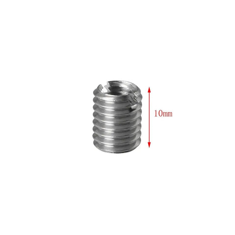 Front view of silver metal thread reducer sleeve, M8 male to M6 female, 10mm tall