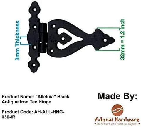 Alleluia Antique Cast Iron T Hinges Heavy Duty 5.3 Inch 2 Pack Matte Black Finish, side view with measurements for rustic decor