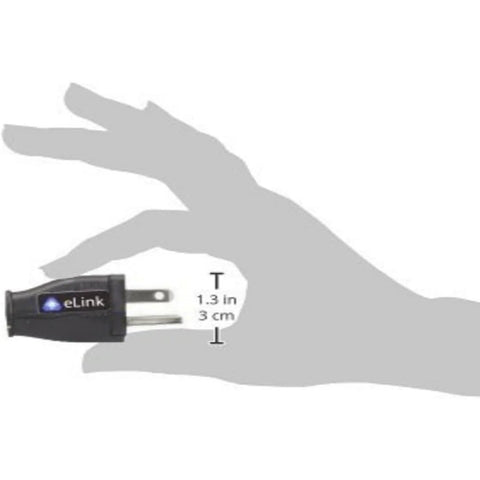 eLink EMF neutralizer plug-in device, black plastic with logo, held by a hand for scale, about 3 cm long.
