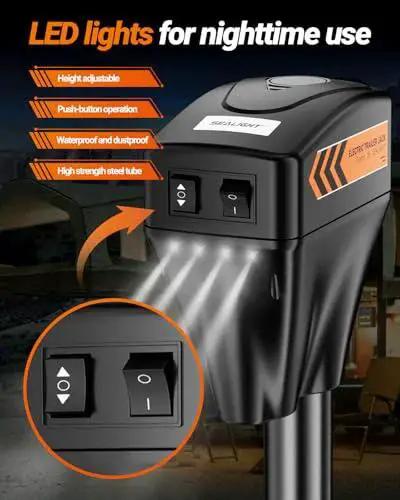 Electric Trailer Tongue Jack 7500LB 12V DC With LED Light For A Frame RV, showing control buttons and LED light in use