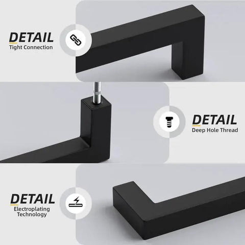 10 Pack 5 Inch Black Cabinet Handles Matte Black Drawer Pulls Stainless Steel 128mm Square Bar Modern Cabinet Hardware
