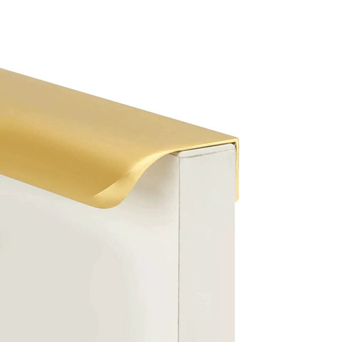 Side view of installed matte gold finger pull from 10 Pack 5 Inch Matte Gold Finger Pulls For Cabinets And Drawers Brushed Brass Edge Hardware