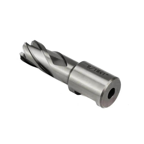 Fast Nine Sixteenths Inch Annular Cutter For Magnetic Drill Press With One Inch Cutting Depth And Three Quarter Inch Weldon Shank Pilot Pin Dual Teeth For Faster Holes In Steel By OSCARBIDE, close-up view