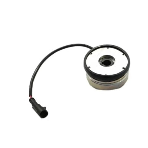 Electromagnetic brake unit for forklifts; circular metal housing with white top, central bore, and black wiring connector.