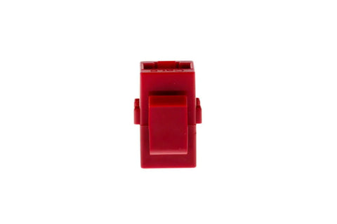 Front view of a Cat6 RJ45 Inline Coupler Female To Female Keystone Jack in red, gold-plated for Ethernet extension.