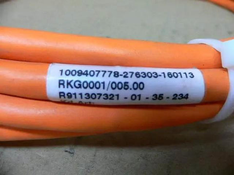 Close-up of Servo motor cable RKG0001/005.00 R911307321-01-35-234, shielded 5-pin for Bosch Rexroth drives, orange casing.