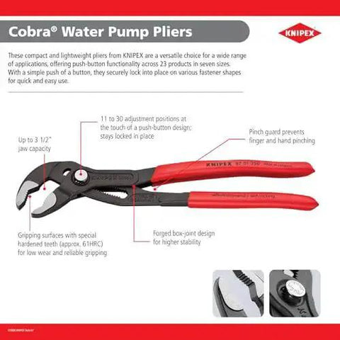 Cobra Water Pump Pliers 7 And A Quarter Inch Beefy Self Locking Pliers With Teeth Grip 18 Adjustment Positions Pinch Guard No Slip Grip Quick Adjust Button 30 Percent More Capacity Than Ordinary Pipe Wrenches Red, shown with descriptions
