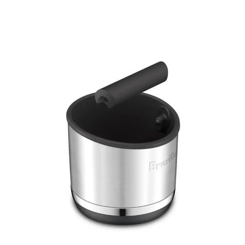 Breville knock box, brushed stainless steel with black interior and top handle