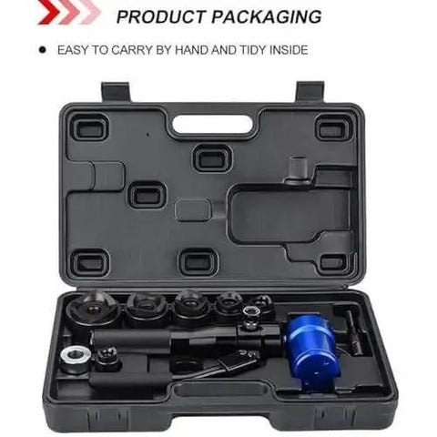 Portable Hydraulic Hole Punch Kit With Six Dies For Drilling Holes In Mild Steel Plates And Metal Sheets in black carry case