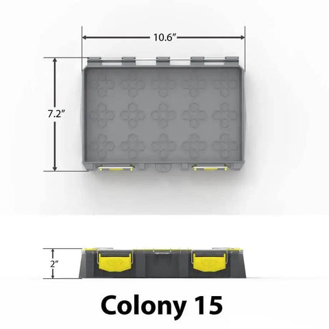 15 Slot Modular Tackle Box With Customizable Waterproof Case, plastic organizer shown top and side view, grey and yellow colors