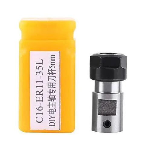5mm CNC Metal Mill Spindle Collet Holder with Straight Shank and Clamping Nut next to yellow packaging
