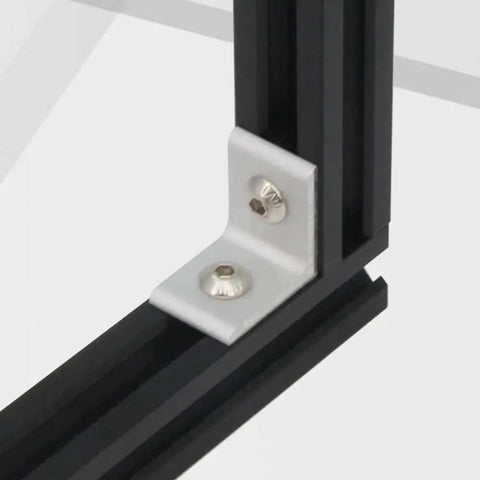 Inside Corner Bracket Gusset for 2020 Series Aluminum Extrusion with 2 Hole M5 Screws installed at 25mm x 25mm corner on frame