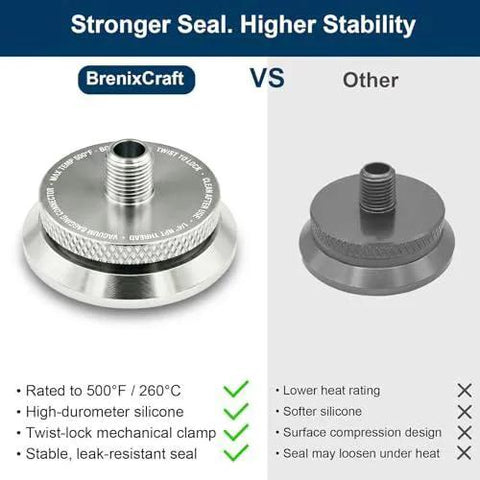 Comparison of BrenixCraft Leak-Free Twist-Lock Vacuum Bagging Connector and other model, highlighting seal and material differences.