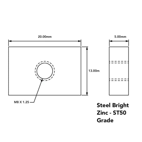 Diagram of Slide In M8 T Nuts For 1.5 Inch, 40mm And 45mm Aluminum Extrusions, Steel ST50 with Zinc Finish, dimensions and specifications shown.