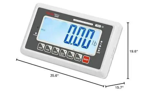 TBW 200 Bench Scale large backlit LCD display with buttons, showing 0.00 lb measurement, dimensions labeled 35.6 x 15.7 x 19.6.