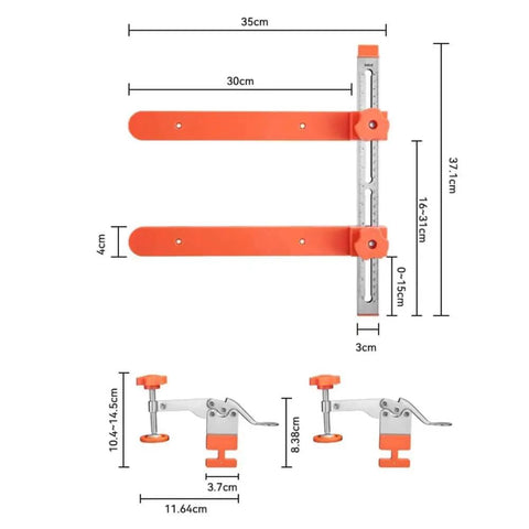 Heavy Duty Pro Grade Shop Ready Drawer Slide Jig With Toggle Clamp for Easy and Precise Cabinet Drawer Installation, dimensions shown