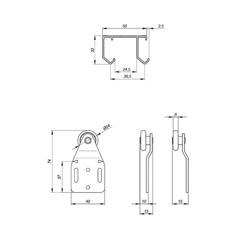 Technical drawing of sliding closet door hardware kit with 47 inch double track for two bypass doors up to 100 lbs per door ceiling mounted top hung track cut to fit five eighths to one and a half inch doors in silver finish.