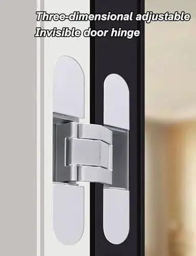 Hidden Door Hinges For Concealed Doors, Invisible, shown installed in a door, heavy duty 3D adjustable zinc alloy hardware for modern interiors