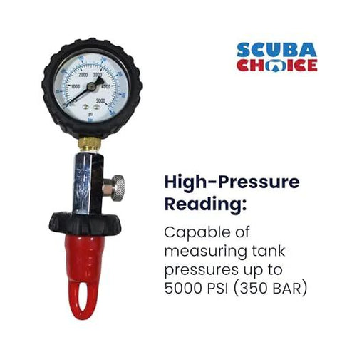 Scuba Choice DIN tank pressure gauge with red handle and brass valve, reads up to 5000 PSI (350 BAR)