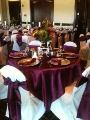 Banquet setting with 10 Piece Satin Chair Sashes Bows For Wedding Reception And Banquet Decor Universal Back Tie For Chairs Party.