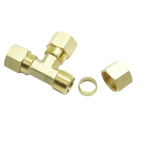 Brass compression T-fitting union tee, 1/2 in. tube OD; includes two nuts and ferrule.