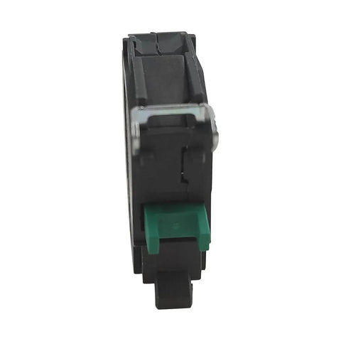 Side view of 10 Pack Single Contact Block Silver Alloy Screw Clamp Terminal 1NO for electrical panels, black finish, green lever visible