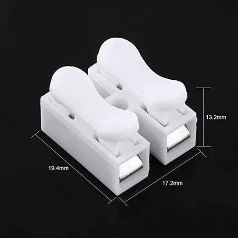 Close-up of Heavy Duty 100 Piece Two Pin Push Wire Terminal Block Kit 10A 220V White Spring Clamp with dimensions shown.