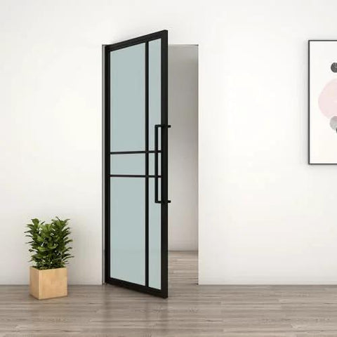 36 In By 84 In Full Lite Opaque Frosted Glass Interior Pivot Door With Black Steel Frame And Pivot Hinge Hardware Kit open in room