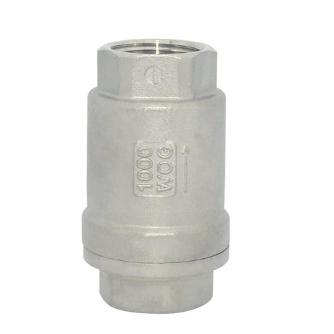 NPT female inline check valve, stainless steel SS316 CF8M, 1/2 in, spring-loaded, vertical orientation, Amazon brand