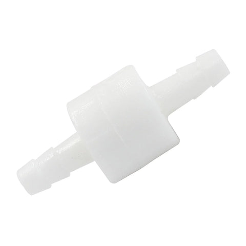 Inline check valve, 1/4 in, white PVDF plastic, one-way non-return valve