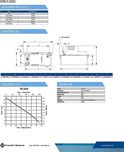 Little Giant VCMA-15UL condensate pump data sheet with dimensions, 6-ft cord, replacement parts.