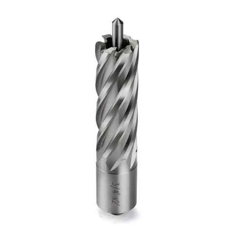 Annular Cutter Kit For Magnetic Drill Press Three Quarters Inch Weldon Shank With Three Quarters Inch Cutting Diameter And Two Inch Cutting Depth HSS Slugger Bits Set Pro Grade Heavy Duty close-up view.