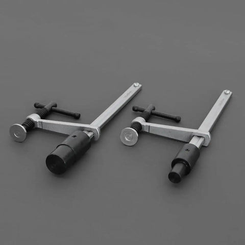 Two Quick Acting Desktop Hold Down Clamps For Woodworking Benches And Tables, suitable for 16mm and 28mm holes, side view.