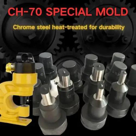 Pro Grade 30 Piece Round Hole Punch Die Set For Hydraulic Punch Tool, chrome steel molds, CH70 compatible, shown with hydraulic punch tool