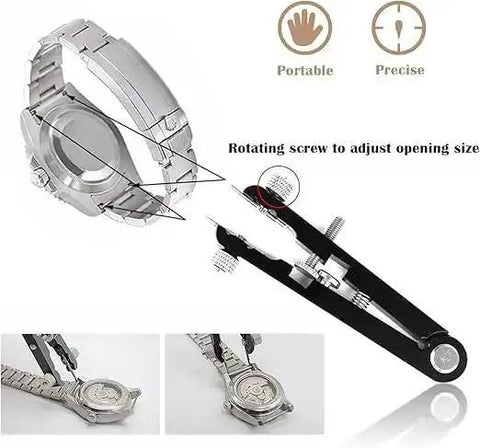 All-In-One Watch Spring Bar Removal Tool Set With Pliers And V Type Pins, showing use on stainless steel watch for repairs.