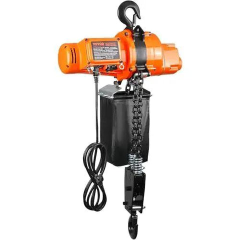 Front view of Electric Chain Hoist 2200 Lb 20 Ft Lift 120V Single Phase Remote Control with orange motor and black chain.