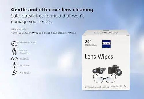 Box of ZEISS Lens Wipes Pre Moistened for Glasses and Sunglasses Safe for Coatings with features listed on the side