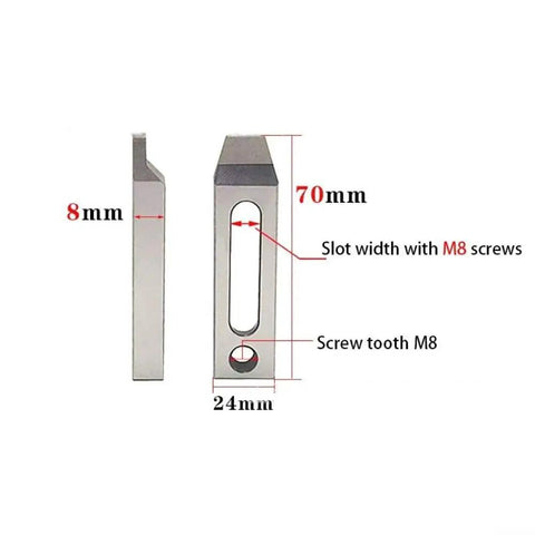 Diagram of Stainless Steel Jig Holder And Clamp Tool For CNC Wire EDM Machines showing M8 screw compatibility and dimensions.