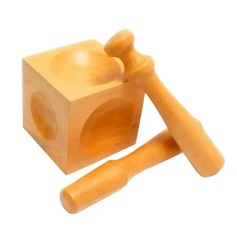 Wooden Square Dapping Block Punch Kit for DIY Doming and Stamping of Soft Metals, includes 1 block and 2 wooden punches for jewelry making.