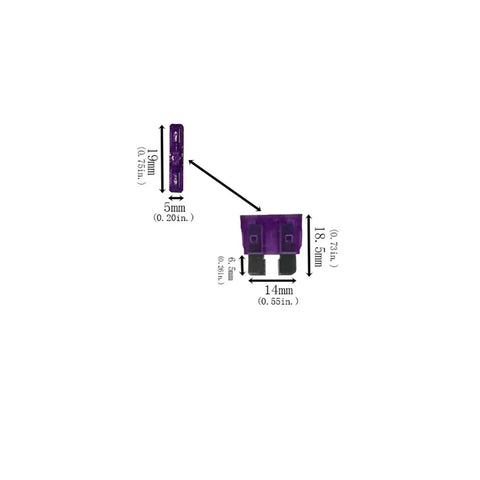 Two purple standard blade fuses with dimensions shown, suitable for 12 AWG electrical systems.
