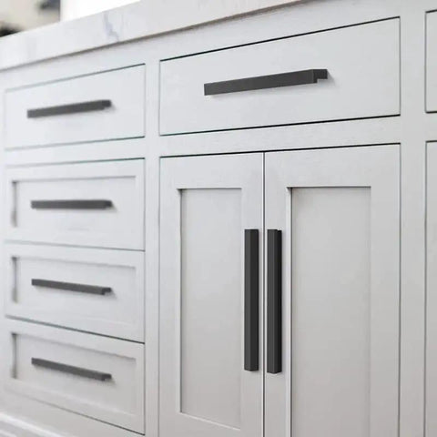 10 Pack Matte Black L Shaped Cabinet Pulls 7.48 Inch Overall Length 6.3 Inch Center To Center installed on white cabinets