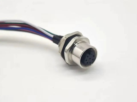 Waterproof M12 8 Pin Sensor Receptacle Connector A Coded Aviation Socket with exposed wiring, shielded female straight design, side view