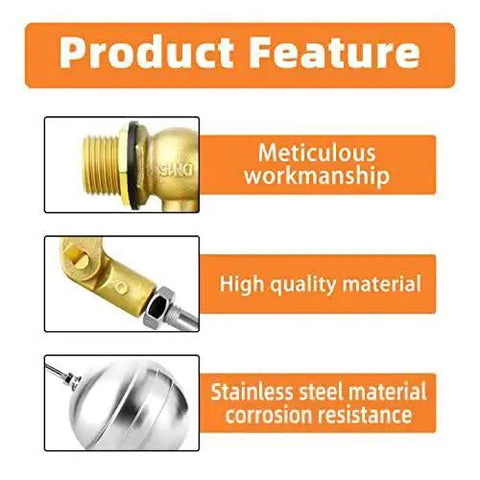 Close-up features of Three Quarter Inch Float Ball Valve With 304 Stainless Steel Float And Brass Body Three Quarter G Female To Three Quarter NPT Male Adapter Adjustable Water Tank Level Control For Stock Tanks And Pool Applications DIY Friendly.