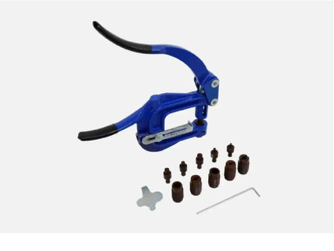 Deep Throat Sheet Metal Punch Kit With Six Die Sizes for Rivet Holes, shown with hand punch tool and accessories.