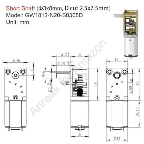 Technical drawing and side view of Two Pack 12V DC Worm Gear Motor N20 With Short Shaft 3x8mm for DIY robotics and RC toys