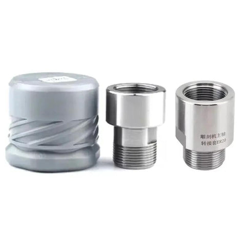 Three-piece metal CNC spindle adapter set with threaded sleeves and a gray protective cap; silver finish.