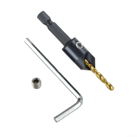 12 Piece Titanium Coated Countersink Drill Bit Set With Hex Shank For Precision Boring Chamfering And Reaming In Furniture Assembly Cabinetry And Woodworking Projects For Wood Carving Pros Pro Grade Heavy Duty Tooling shown with hex key and fastener