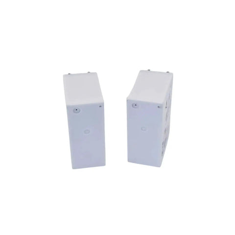 General Purpose 12V DC Relay, 16A SPDT, 8 Pin Design For Electronics Projects, side view of two white relays