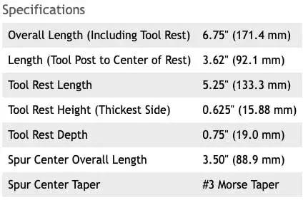 Specifications table for Wood Turning Tool Rest and Center for Mini and Bench Lathe with 360 Rotatable Woodturning Rest and Spur Center