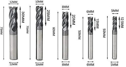 Carbide End Mill Set For CNC Machining With 4 Flutes, Pro Grade Tungsten Steel Milling Cutters, Straight Shank 2 to 12 mm, 5 pieces.